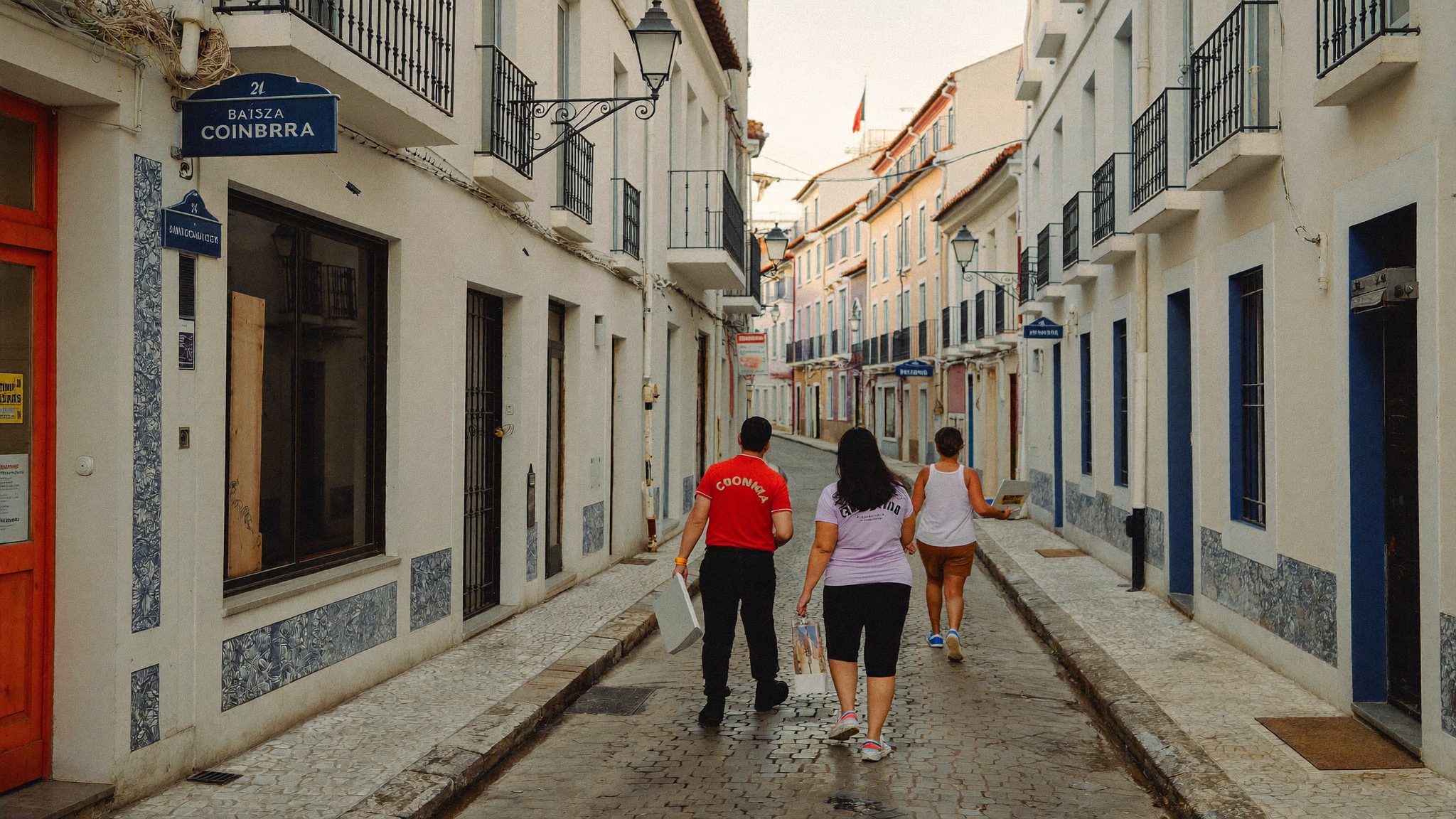 Rua da Baixa de Coimbra ao início da manhã, com luz suave entre os edifícios